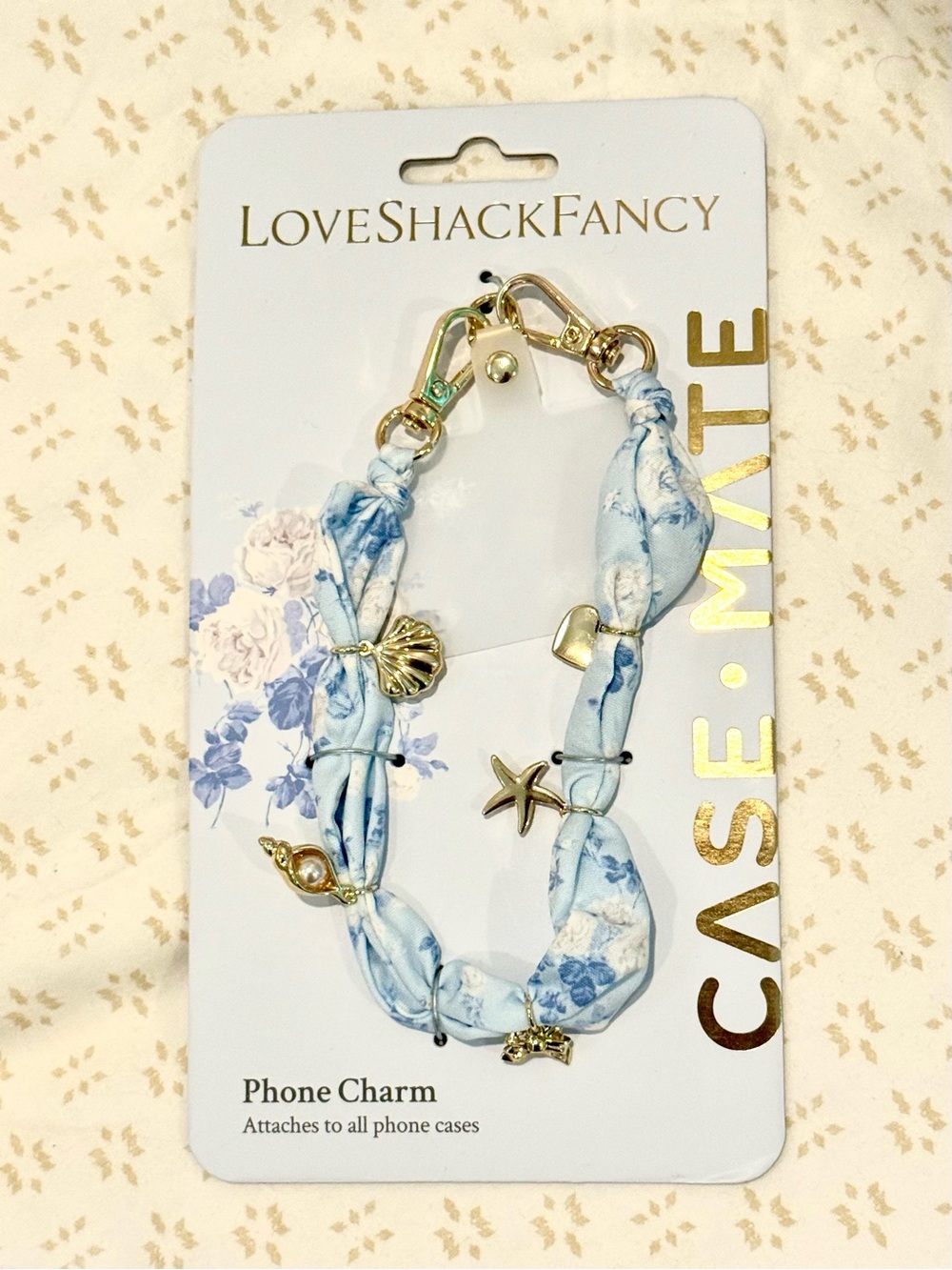 LoveShackFancy Light Blue Floral Phone Charm with Gold Seaside Charms